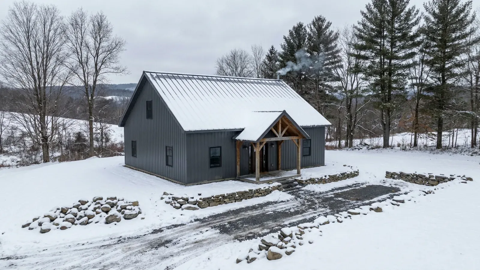 A compact 30x40 barndominium in winter with snow on its roof, sized like a starter home or cabin, with a covered entry porch and no large shop bay.