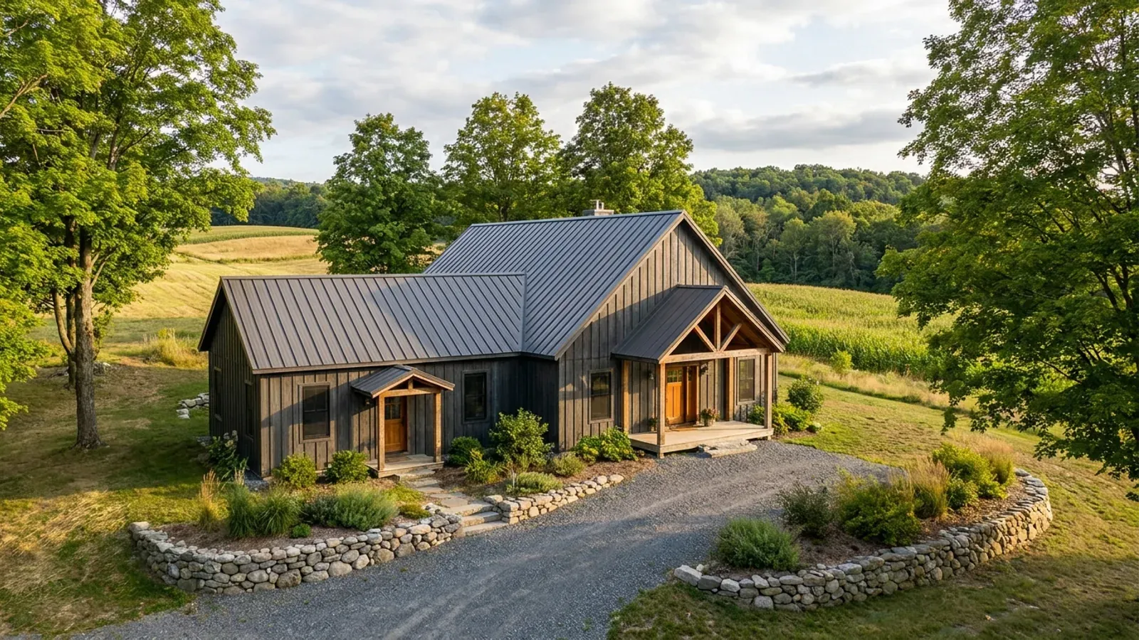 A barndominium with a smaller attached in-law suite wing that has its own separate covered entry, distinct from the main entry.