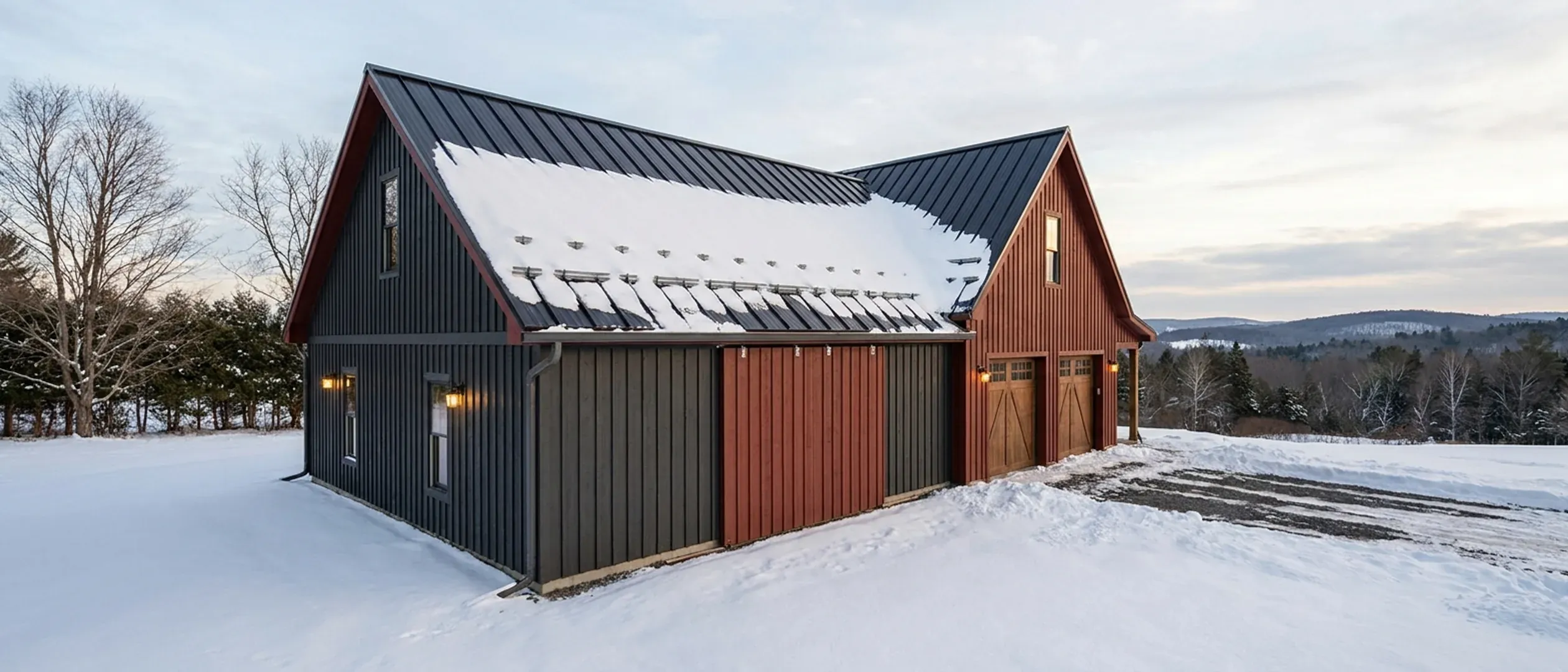 A completed barndominium in winter viewed from a low angle, showing snow held on its standing seam roof by snow guards, vertical wall panels, gutters and wall lights.