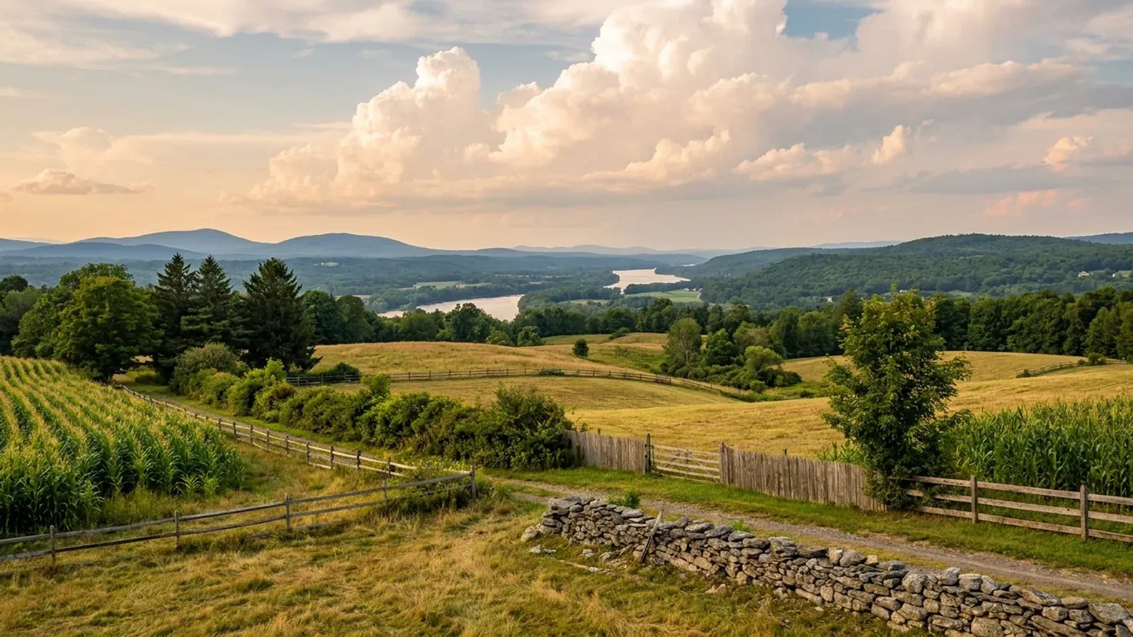 Rolling Capital Region hayfields and pasture with a fieldstone wall, running toward a wide valley and distant forested foothills.
