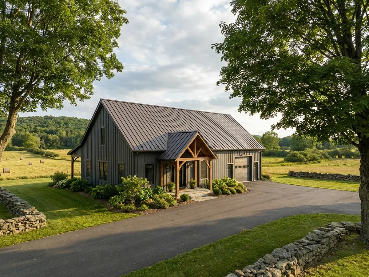A completed barndominium home viewed from the front corner, with finished landscaping, a covered entry porch and an attached shop bay.