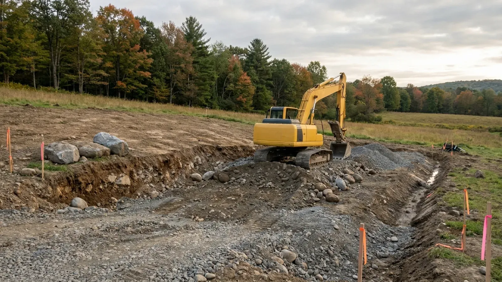 An excavator grading a building pad on a cleared lot with stony glacial soil in the cut, survey stakes and a drainage swale.