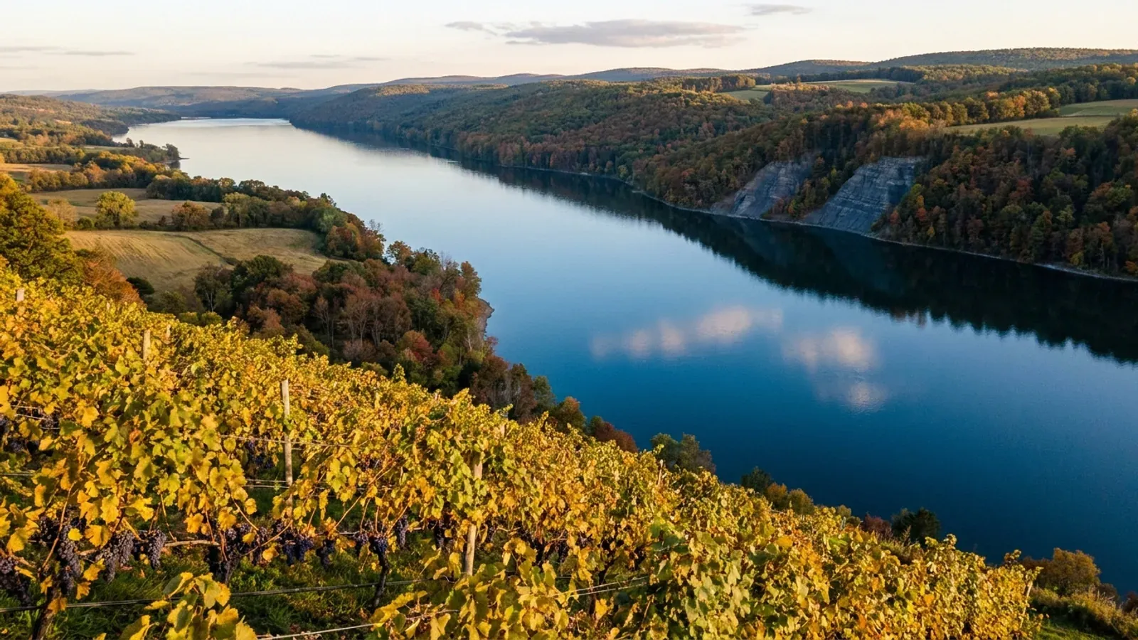 Vineyard rows running down a hillside to a long, narrow Finger Lake, with autumn woodlots on the far shore.