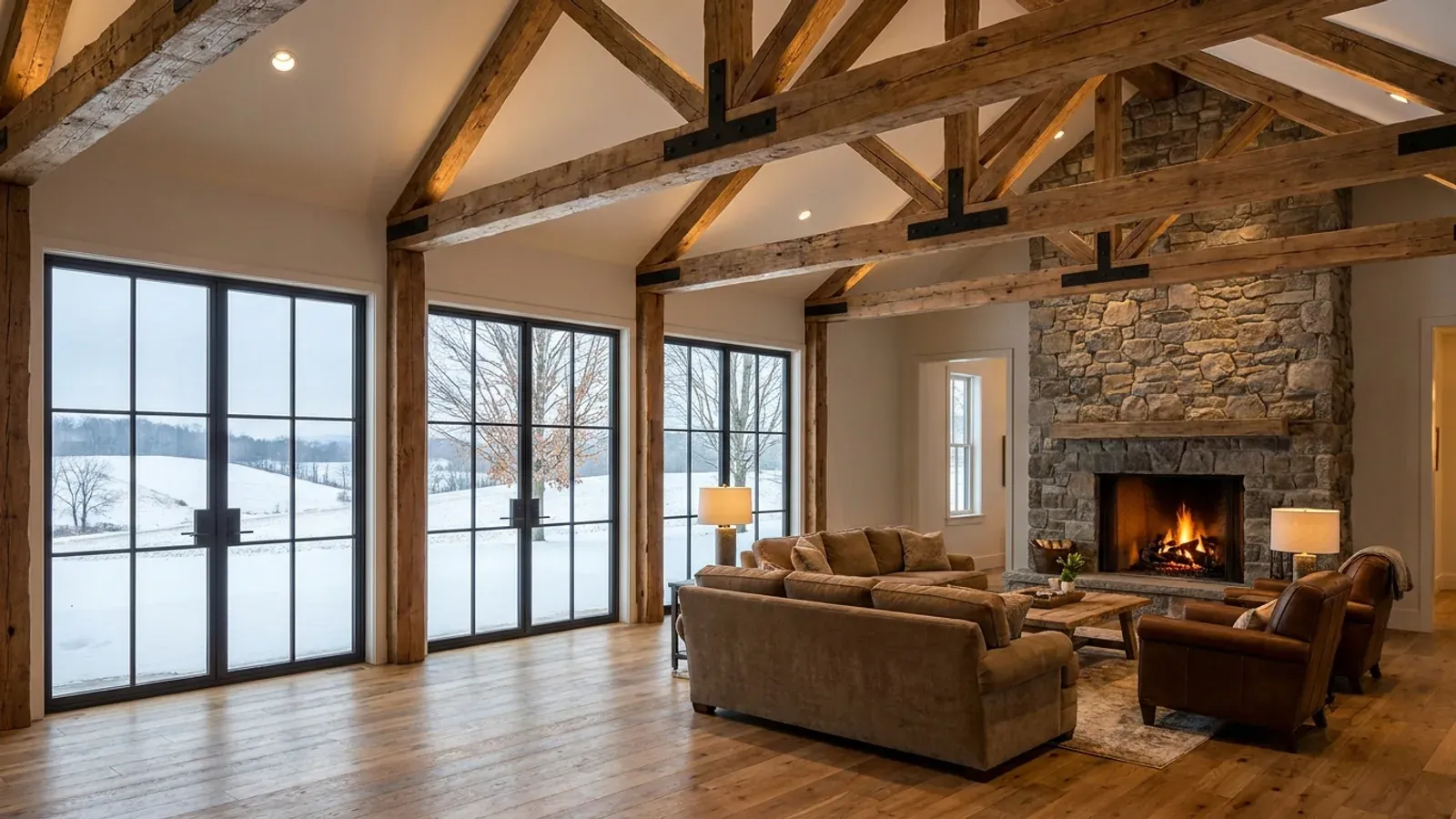 A vaulted barndominium great room with exposed wood trusses, a lit stone fireplace, and a wall of glazed doors looking onto a snowy landscape.