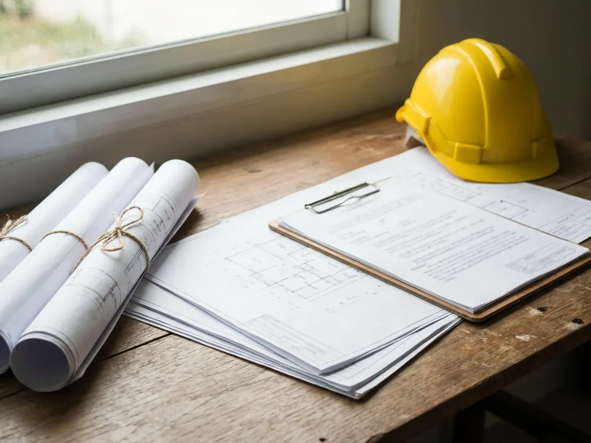 A building permit submittal package on a desk with rolled construction drawings, forms on a clipboard, and a hard hat.