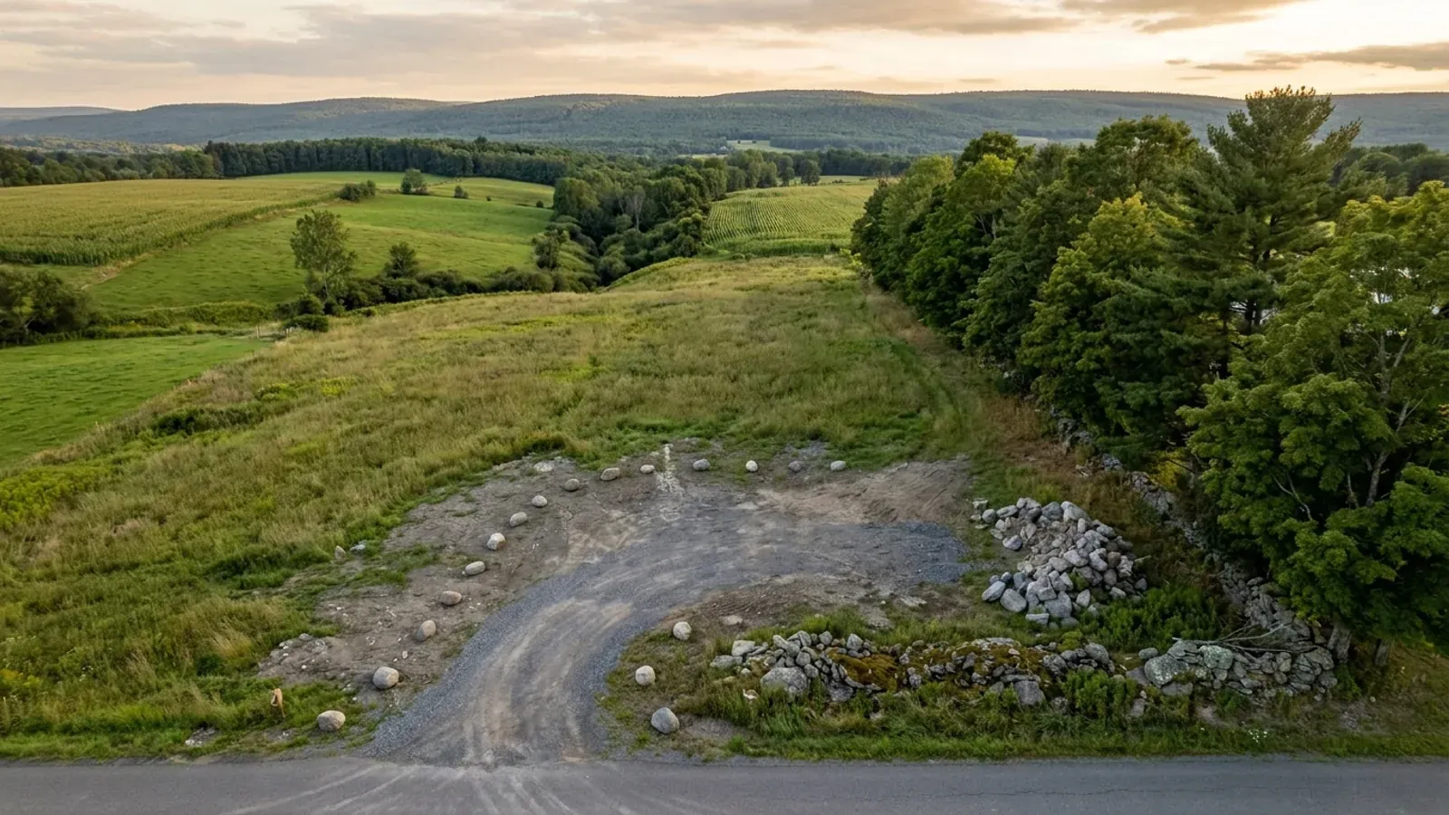 Aerial view of an undeveloped rural lot in a cleared hayfield with a maple and pine hedgerow, a fieldstone row and a gravel access track.