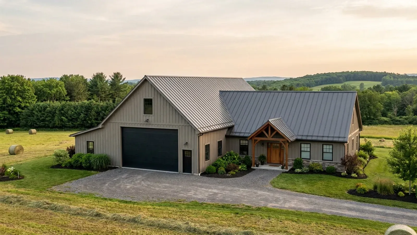 A barndominium with a tall, deep RV garage bay attached to the residence under one continuous roof.
