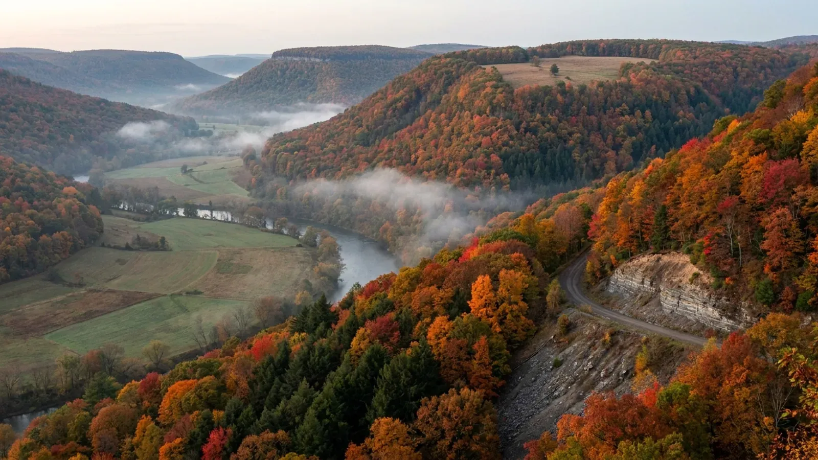 Flat-topped wooded Southern Tier hills in full autumn colour above a misty river valley with bottomland hayfields.